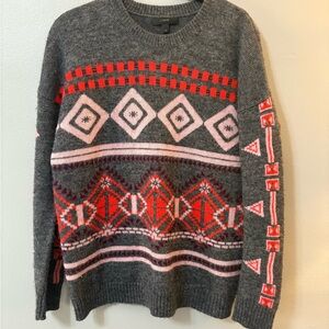 J. Crew Gray Crewneck Sweater with Red & Pink Fair Isle Motif